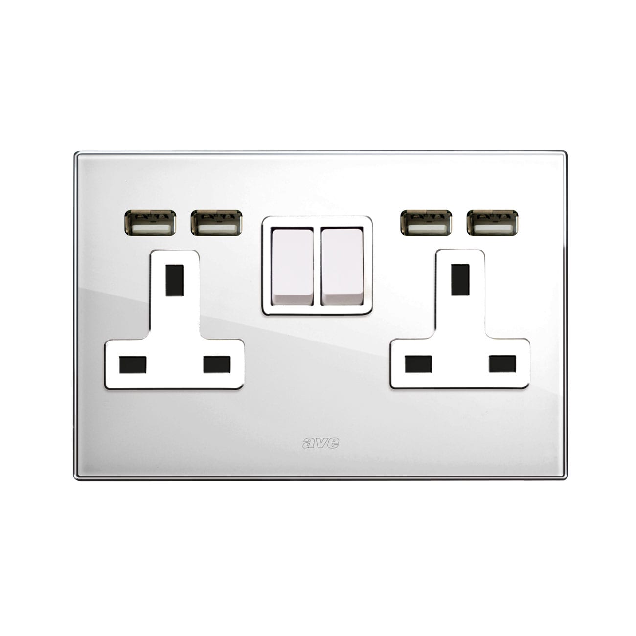 AVE - Doppia presa std inglese con doppia USB. placca in vetro colore bianco. 2P+T 13A 250V  finitura lucida  4 Mod. BS20972PUBL