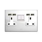 AVE - Doppia presa std inglese con doppia USB. placca in vetro colore bianco. 2P+T 13A 250V finitura lucida 4 Mod.