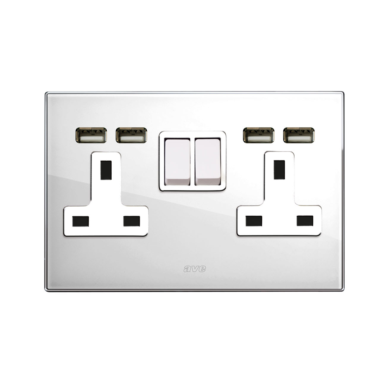 AVE - Doppia presa std inglese con doppia USB. placca in vetro colore bianco. 2P+T 13A 250V finitura lucida 4 Mod. BS20972PUBL