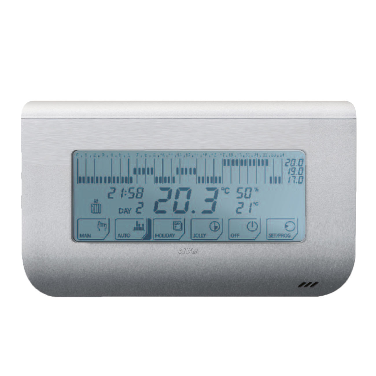 AVE - Cronotermostato touch parete allum.programmazione facilitata uscita NA+NC 5(2)A alimentazione batterie programmazione gio CRONOTC3B