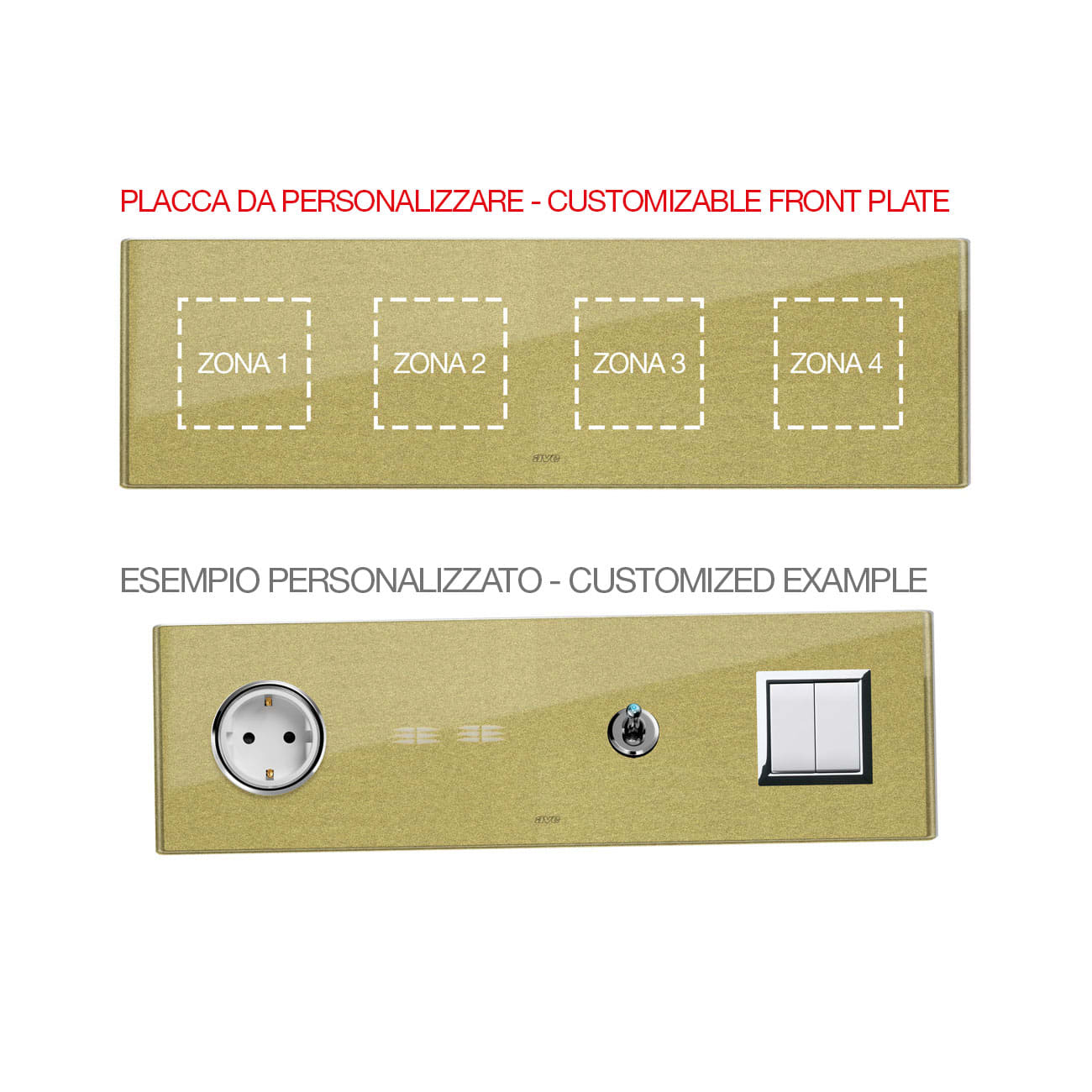 AVE - Placca Vera 44. personalizzabile in vetro colore oro finitura lucida  fornita con cornicetta  8(2+2+2+2) Mod. 44PV28GOLD-XX