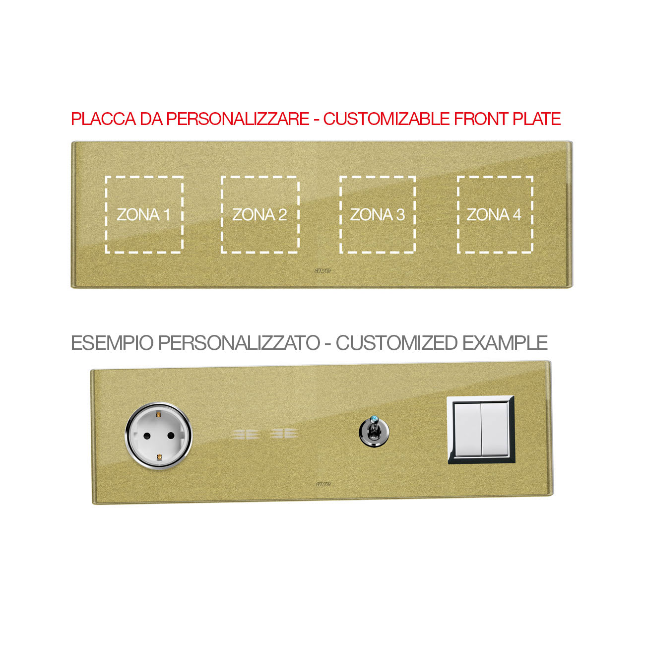 AVE - Placca Vera 44. personalizzabile in vetro colore oro finitura lucida fornita con cornicetta 8(2+2+2+2) Mod. 44PV28GOLD-XX