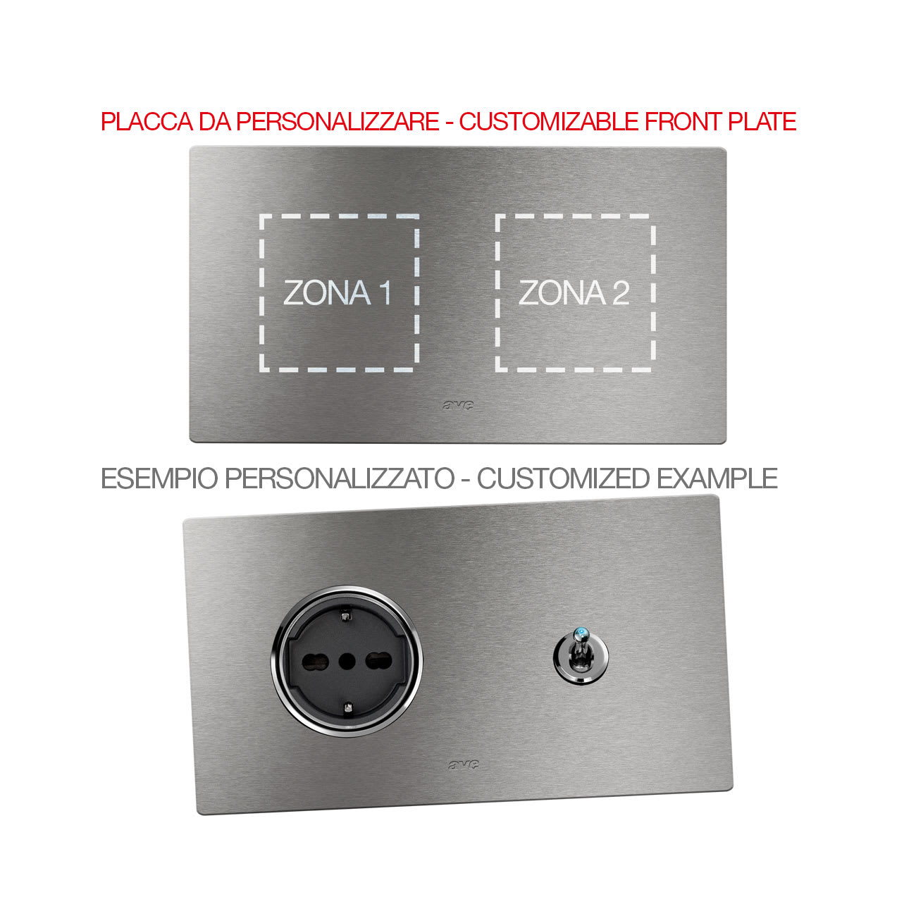 AVE - Placca Vera44 Alluminio. S44 personalizzabile colore alluminio naturale 2+2 Mod. 44PA24ALS-XX