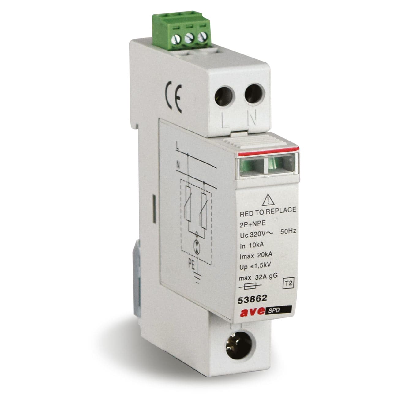 AVE - Scaricatore di Sovratensione monofase L+N/PE classe II Imax = 20kA segnalazione ausiliaria di guasto contatto NA + NC in