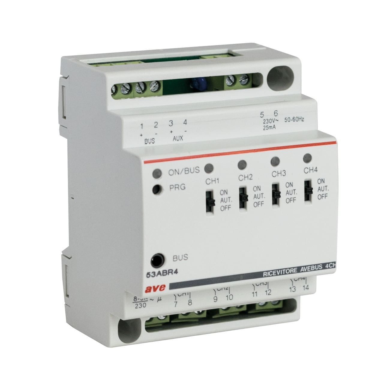 AVE - Attuatore illuminazione 8A resistivi 4 canali AVEbus 4 Mod. DIN