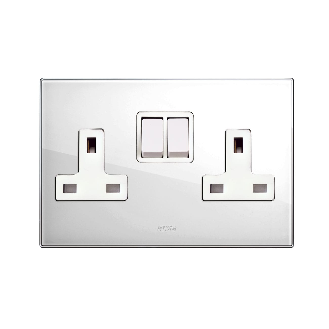 AVE - Doppia presa std inglese. placca in vetro colore bianco.  2P+T 13A 250V  finitura lucida  4 Mod. BS20972PBL