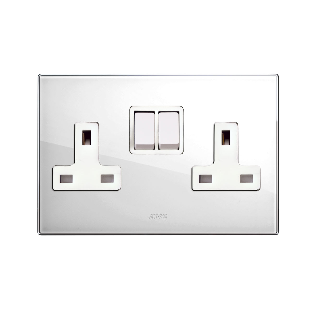 AVE - Doppia presa std inglese. placca in vetro colore bianco. 2P+T 13A 250V finitura lucida 4 Mod. BS20972PBL
