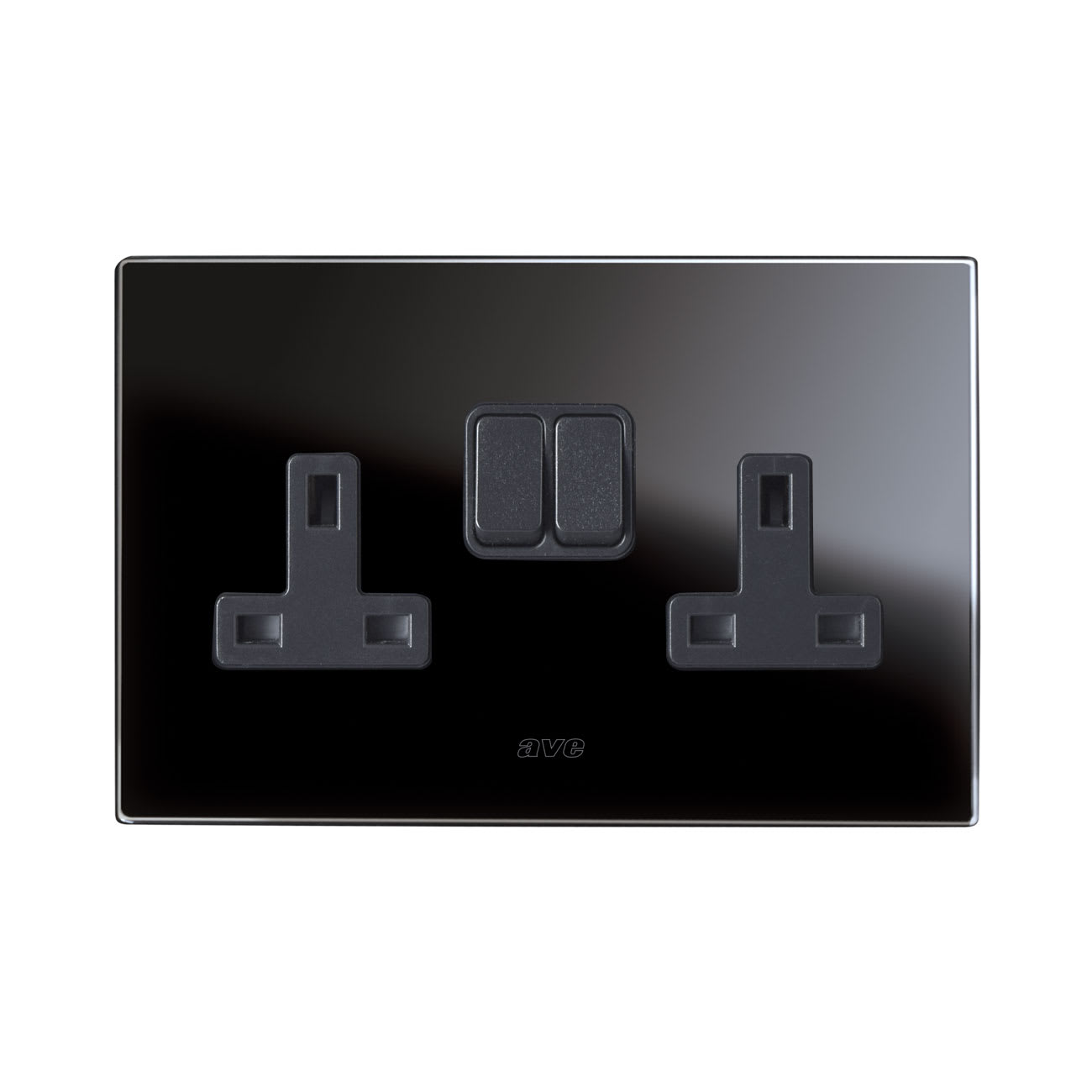 AVE - Doppia presa std inglese. placca in vetro colore nero. 2P+T 13A 250V finitura lucida 4 Mod. BS20972PNAL