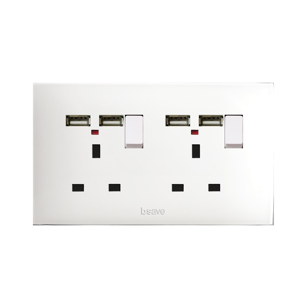 AVE - Doppia presa std inglese con doppia USB . colore RAL 9010. 2P+T 13A 250V finitura lucida 4 Mod. BSN21097/2PNU