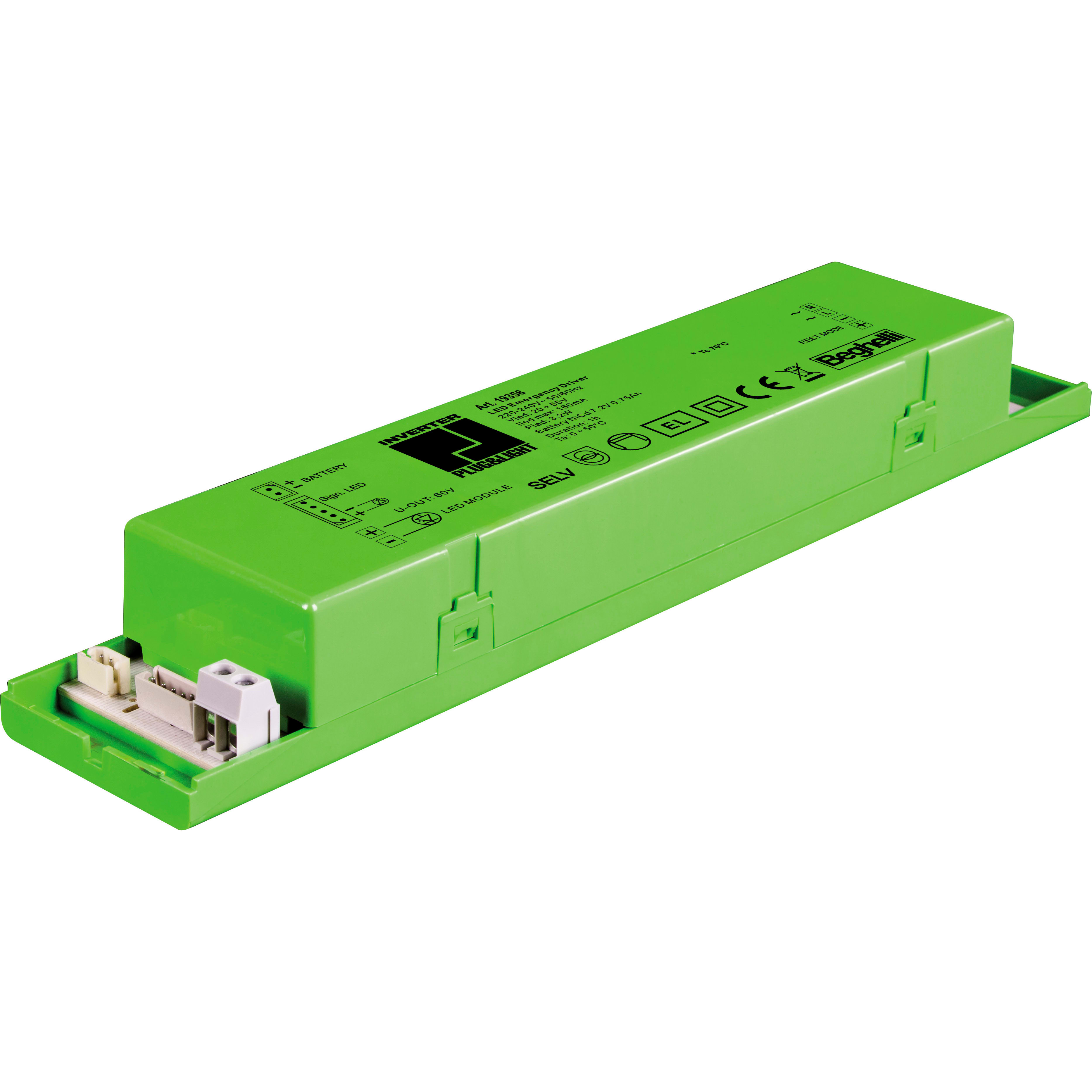 BEGHELLI - Inverter compatto con batterie integrate per apparecchi LED, cablaggio immediato con serie SD grazie a Plug&Light. INV P&L LED SE/SA 1H 20-60V.