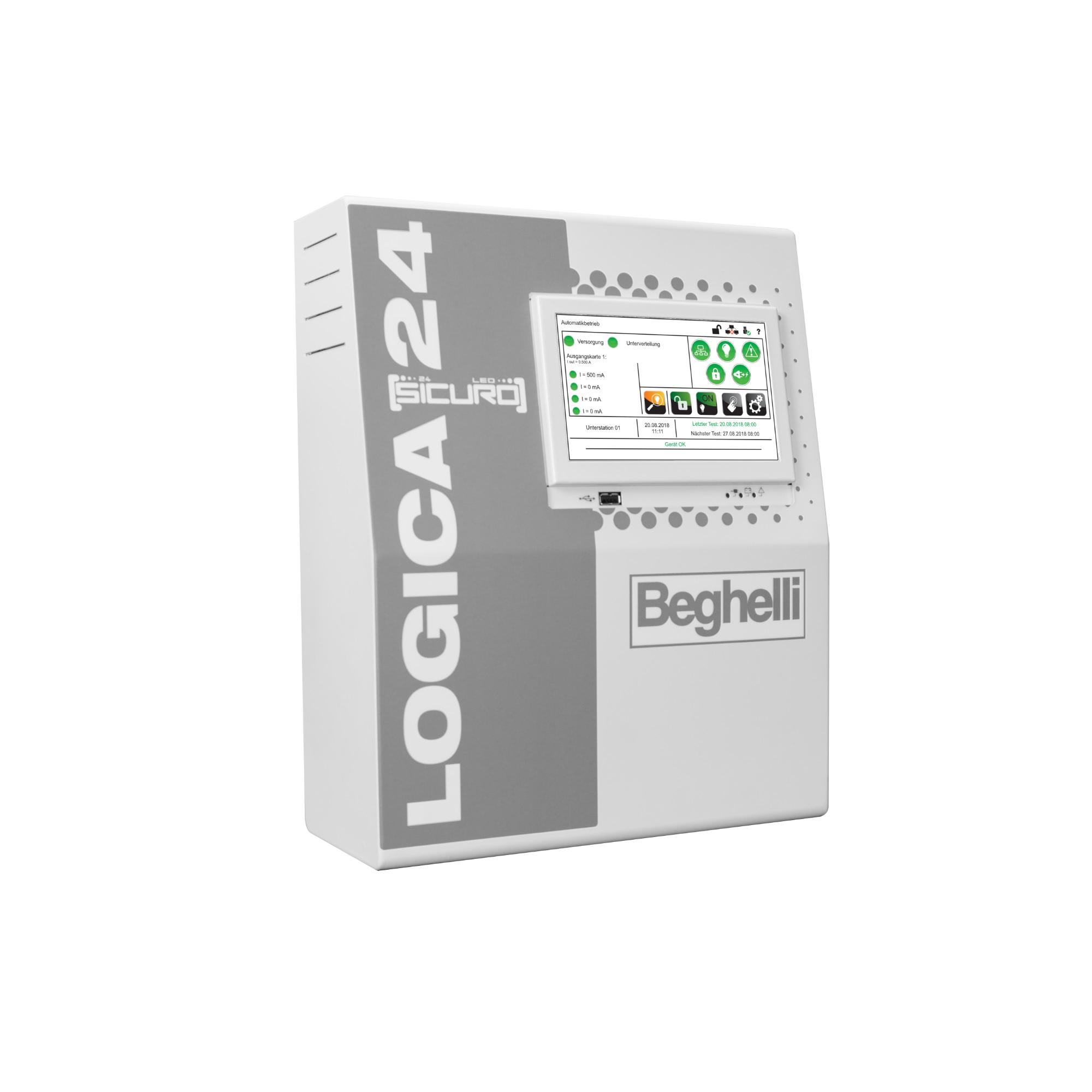 BEGHELLI - Centrale di controllo Logica 24 con 4 circuiti di uscita integrati in armadio metallico per contenere componenti del sistema, ogni circuito controlla fino a 32 apparecchi. LGS24 4U 12AH B.