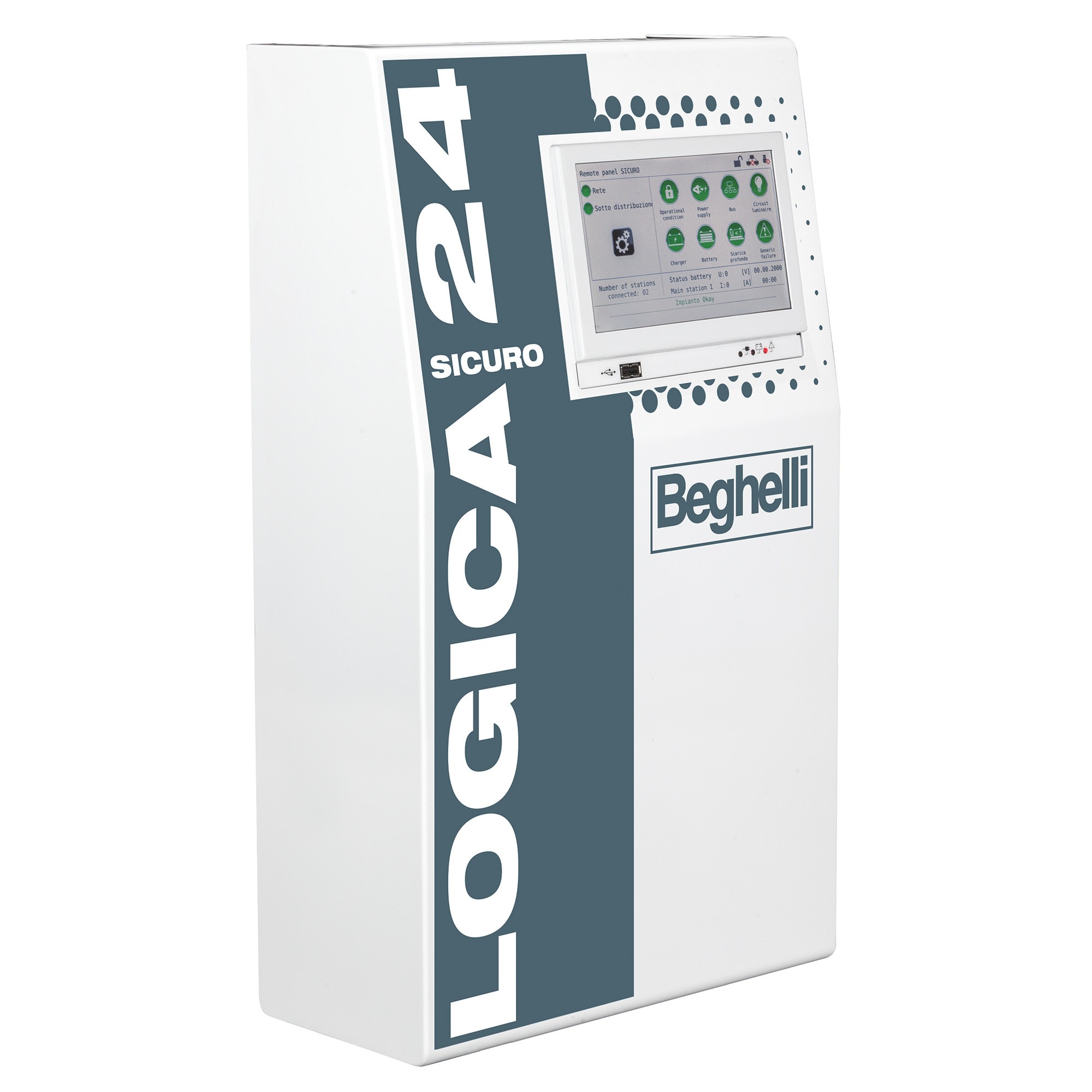 BEGHELLI - Centrale di controllo Logica 24 con 4 circuiti di uscita integrati in armadio metallico per contenere componenti del sistema, ogni circuito controlla fino a 32 apparecchi. LGS24 4U 24AH B.
