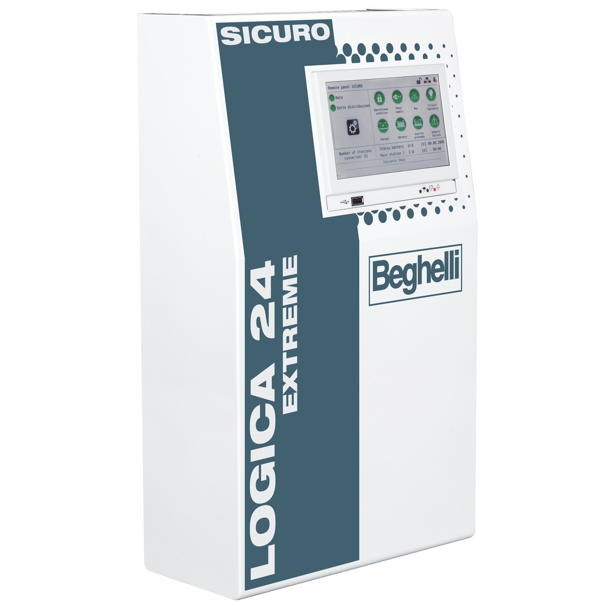 BEGHELLI - Centrale di controllo LGS24 con 8 circuiti di uscita integrati in armadio metallico per contenimento componenti sistema, ogni circuito controlla fino a 32 apparecchi, batterie LTO Litio Titanio per impieghi estremi, 8U EXTREME 20AH.