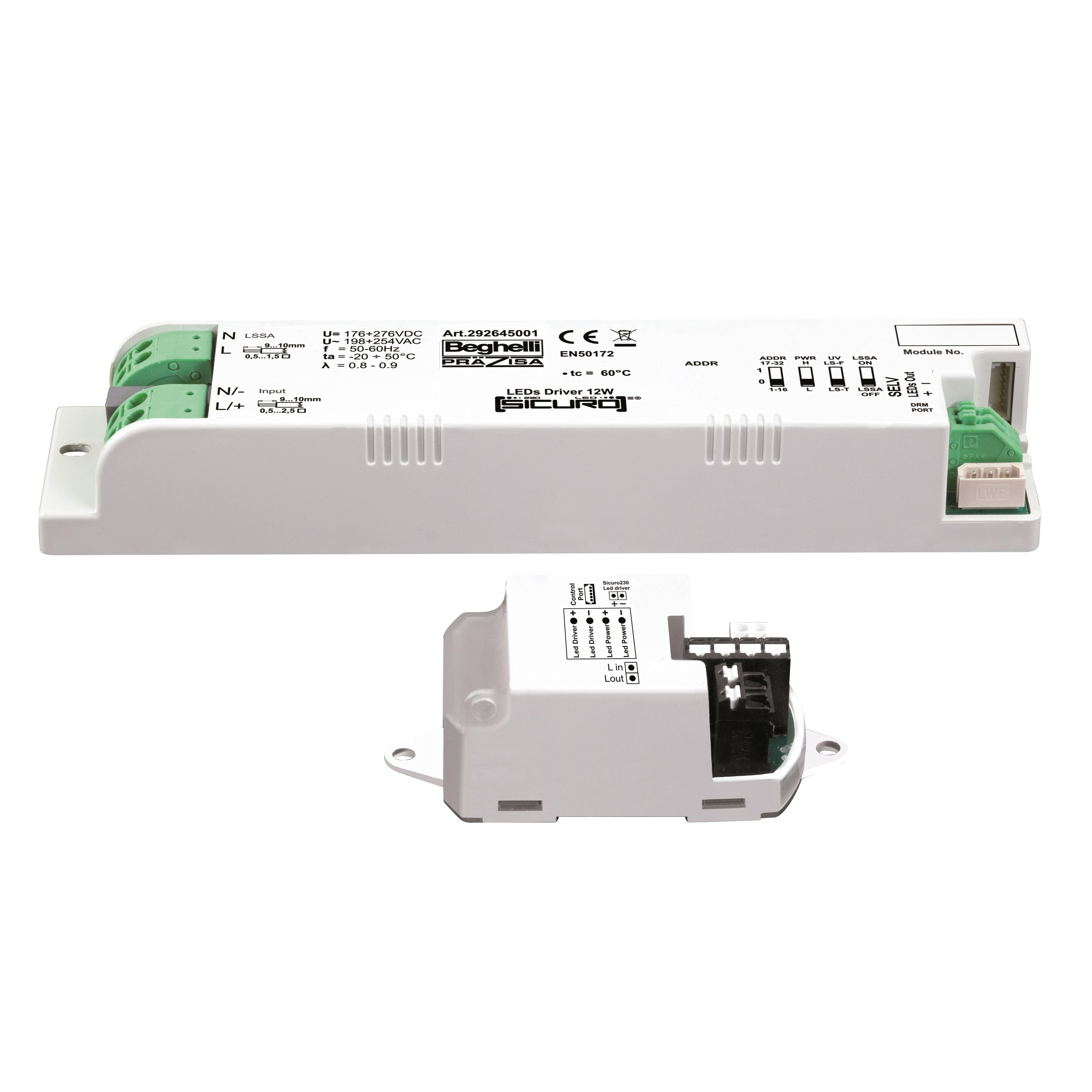 BEGHELLI - Modulo inverter LG230 con driver LED 6-12W per apparecchi di illuminazione LED regolabile tramite DIP switch o da centrale, adatto per INVERTER LG230 12W.