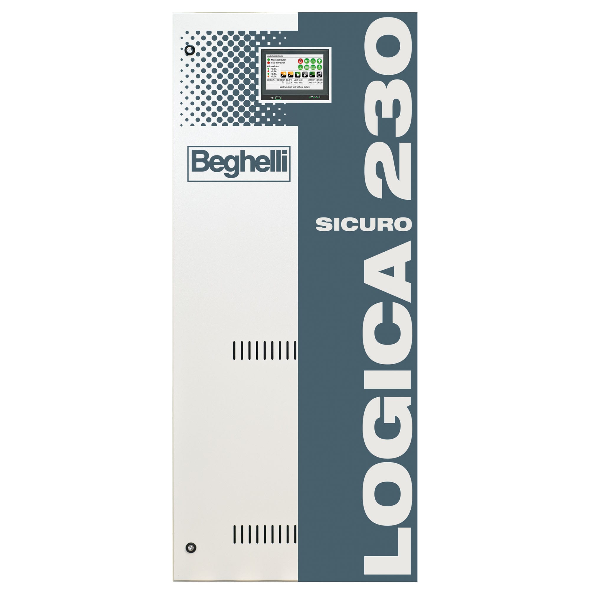 BEGHELLI - Centrale di controllo STX5 Logica 230 (5 slot) con armadio in metallo per contenimento componenti sistema 20Ah 3P.