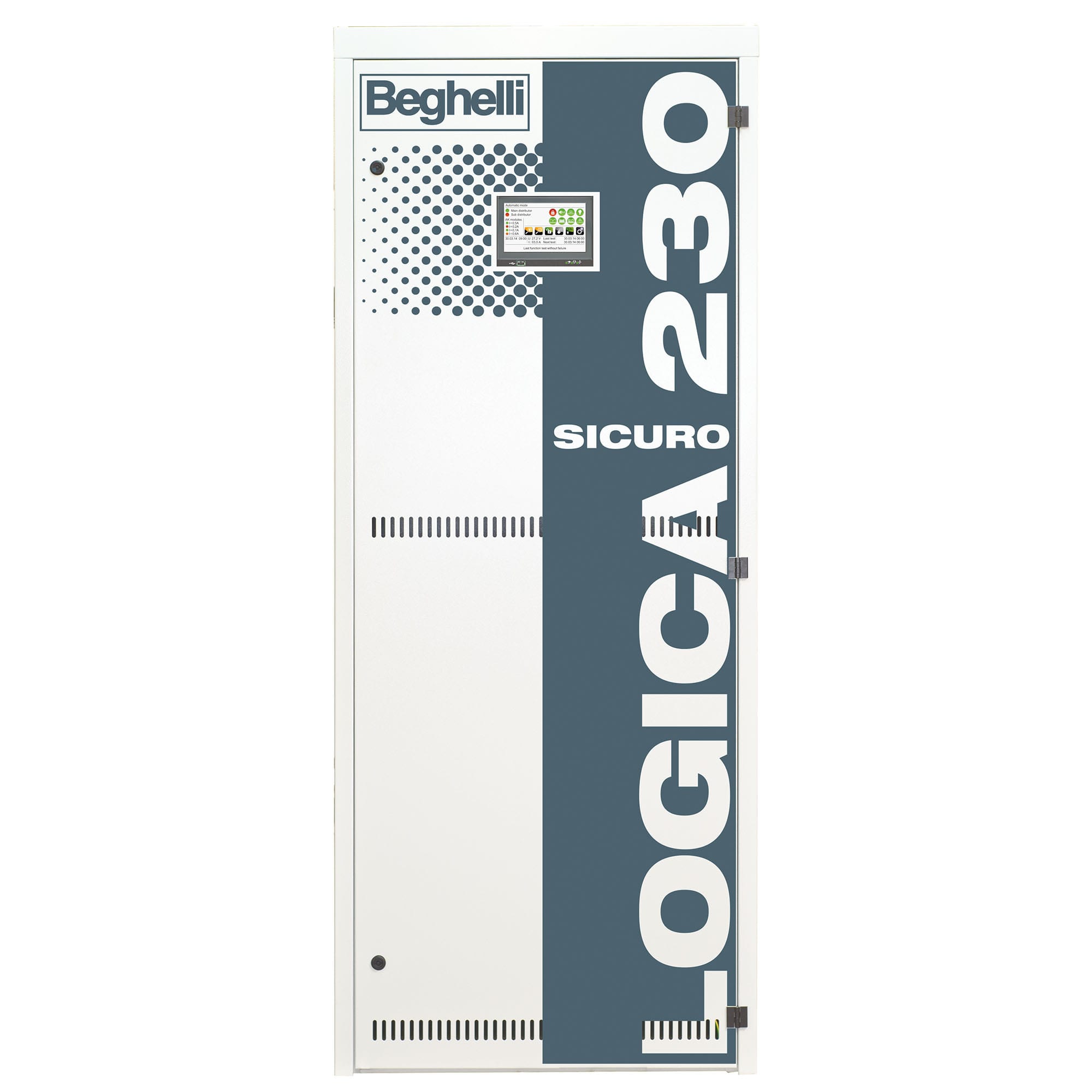 BEGHELLI - Centrale di controllo ST13 Logica 230 con armadio in metallo per contenimento componenti sistema 55Ah 3P.