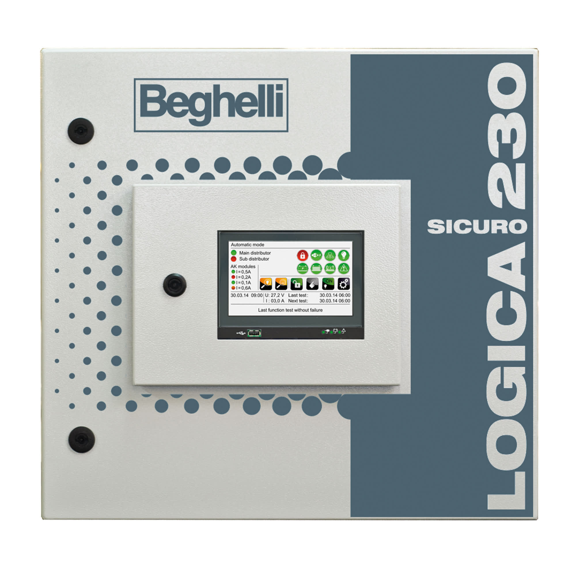 BEGHELLI - Modulo di uscita su 1, 2 o 4 linee, controlla fino a 32 apparecchi per un massimo di 1380W per versione 1x, 690W per versione 2x, 345W per versione 4x ogni linea. Sottocentrale ST8 con display Touch grafico 7” integrato. S230.