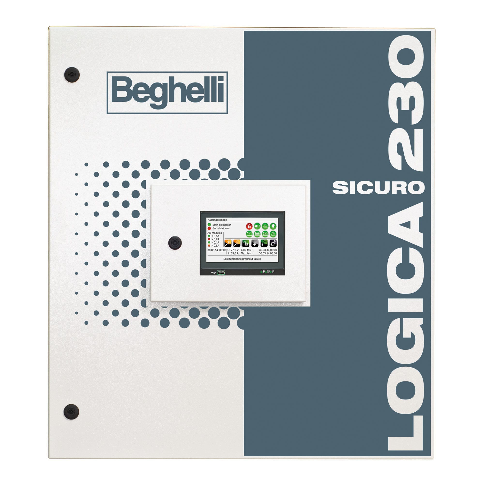BEGHELLI - Modulo di uscita su 1, 2 o 4 linee, controlla fino a 32 apparecchi per un massimo di 1380W per versione 1x, 690W per versione 2x, 345W per versione 4x ogni linea. Sottocentrale ST8 con display Touch grafico 7” integra ST32 S230.