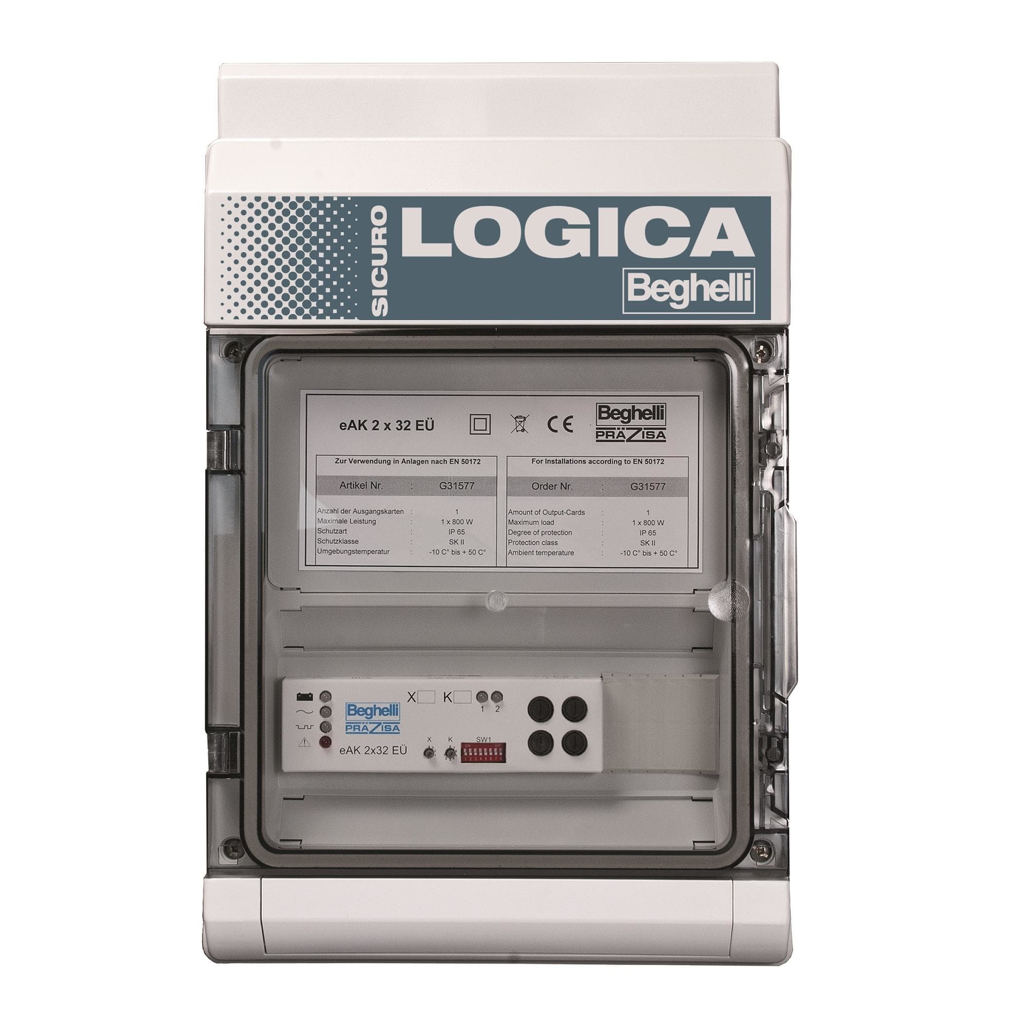 BEGHELLI - Modulo di uscita esterno a 4 linee da 32 apparecchi cad. in modalità SE/SA con ampio pannello di controllo e quadro in plastica contenente i componenti. MOD DI USCITA EXT S230 2+2X32.