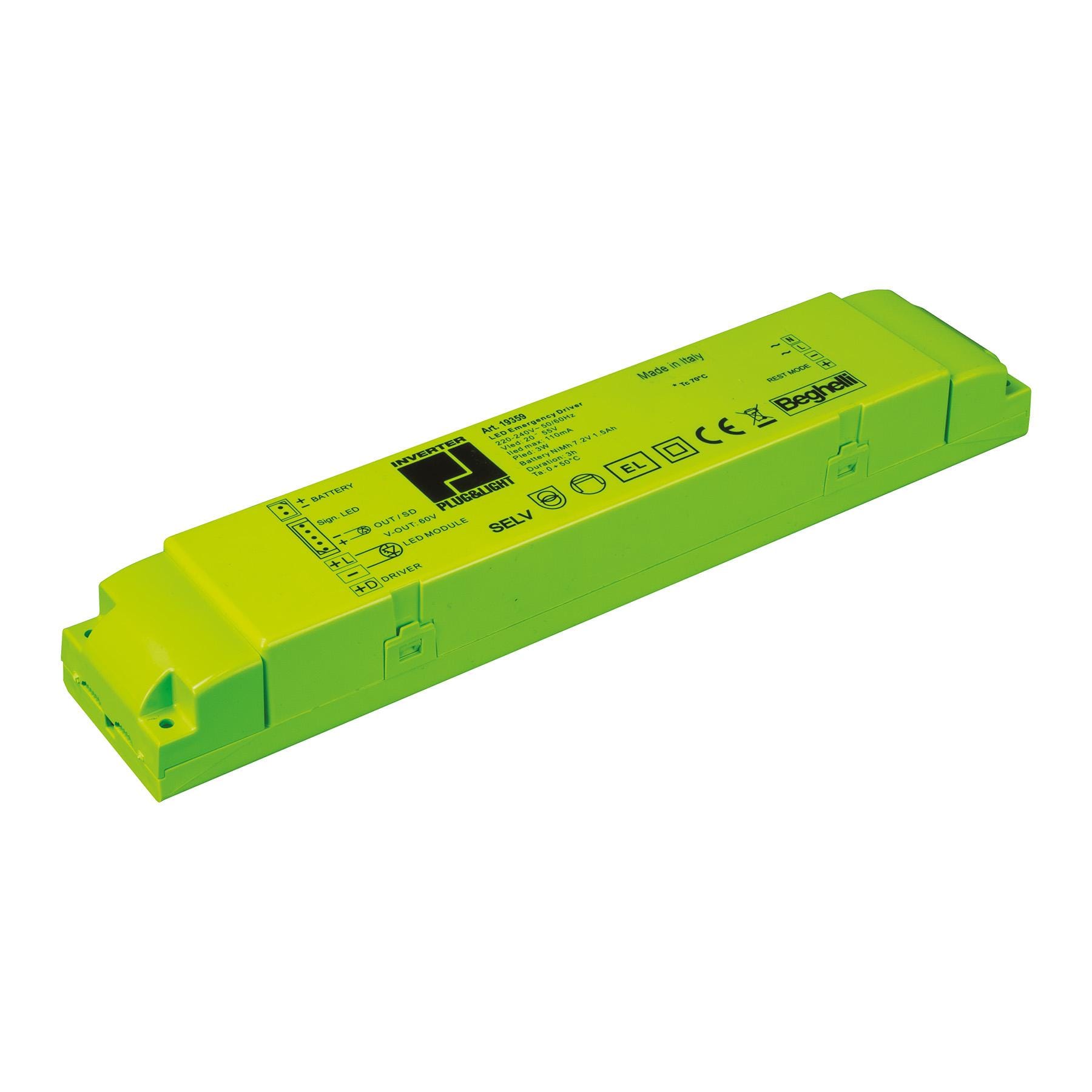 BEGHELLI - Inverter compatto con batterie integrate per apparecchi LED, cablaggio immediato con serie SD grazie a Plug&Light. INV P&L LED SE/SA 1H 60-180V.