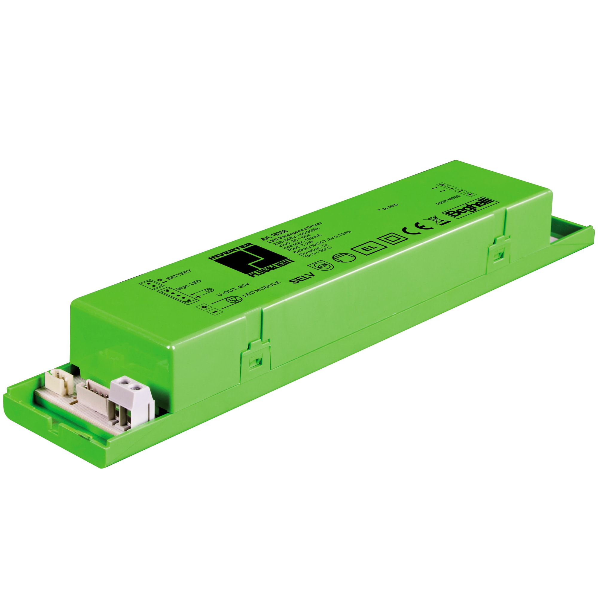 BEGHELLI - Inverter compatto con batterie integrate per apparecchi LED, cablaggio immediato con serie SD grazie a Plug&Light. INV P&L LED SE/SA 3H 60-180V.