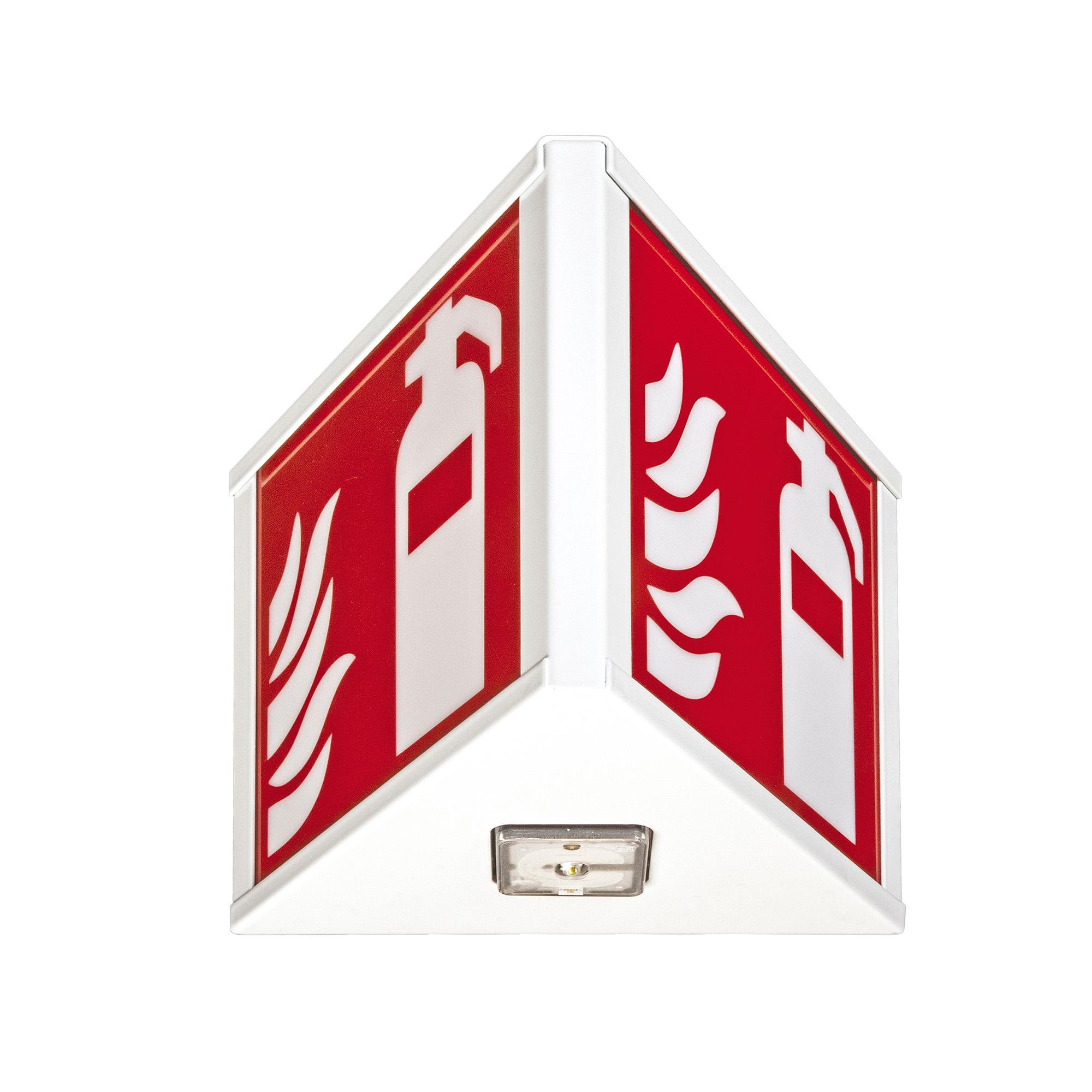 BEGHELLI - Apparecchio di forma triangolare con duplice funzione: segnaletica di sicurezza e illuminazione di emergenza. Realizzato con profili in lamiera d'acciaio e contorni angolari. SIGNLED LG EPS DALI.