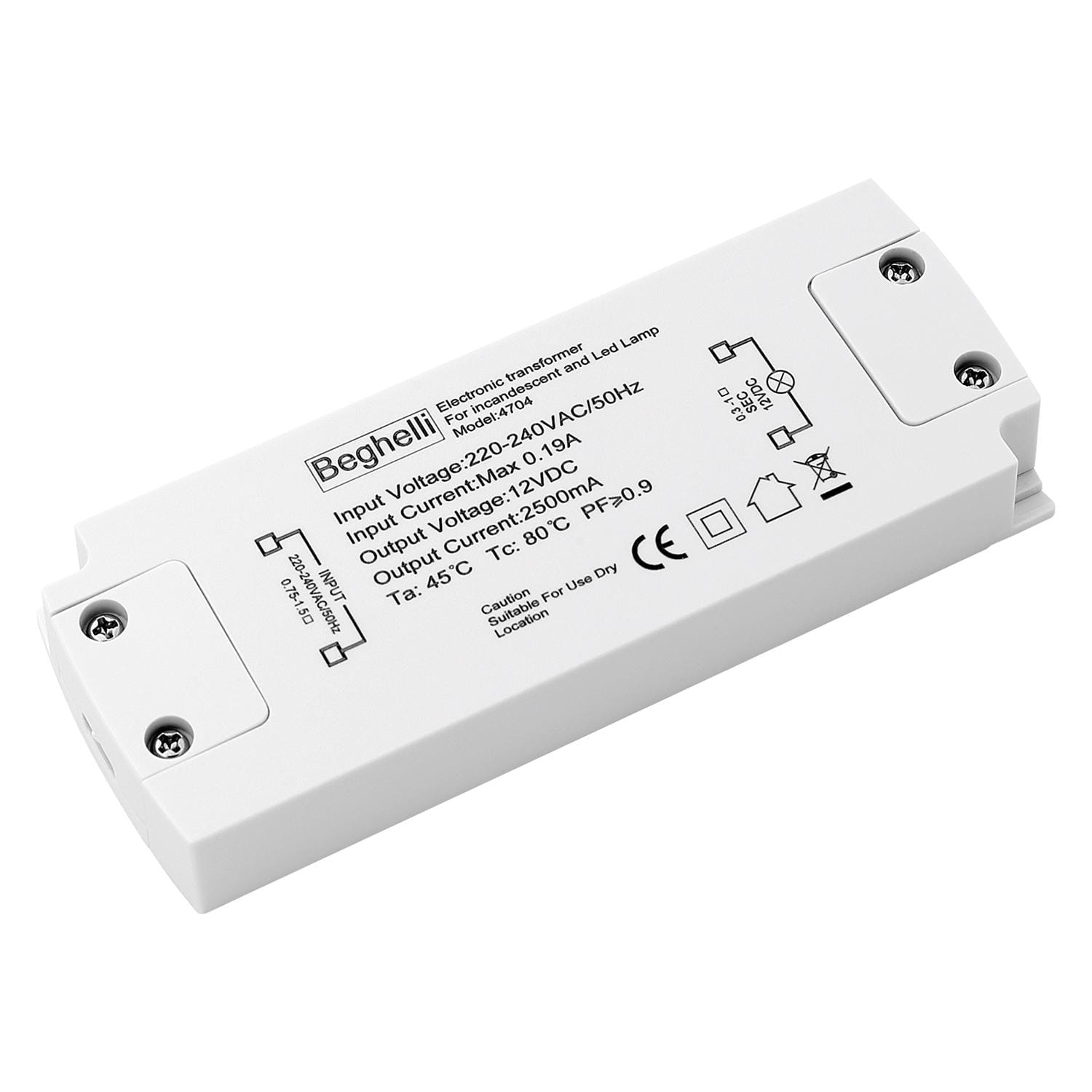 BEGHELLI - Trasformatore elettronico per lampade LED e alogene 12V DC T.ELET LED & HALO 2-30W 12V.
