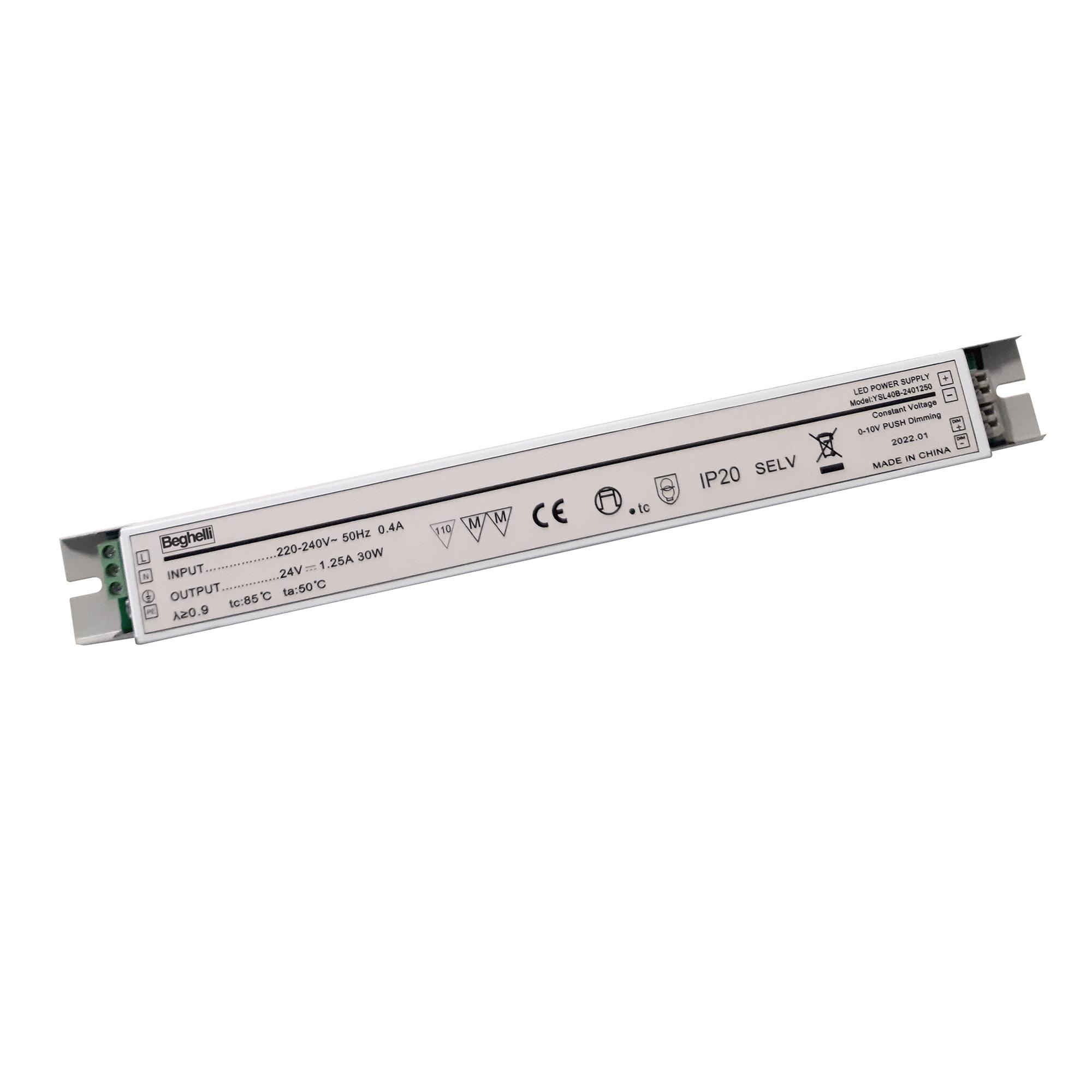 BEGHELLI - Driver Push to Dim 30W IP20 per StripLED 24V, alimentato da rete 220-240V.