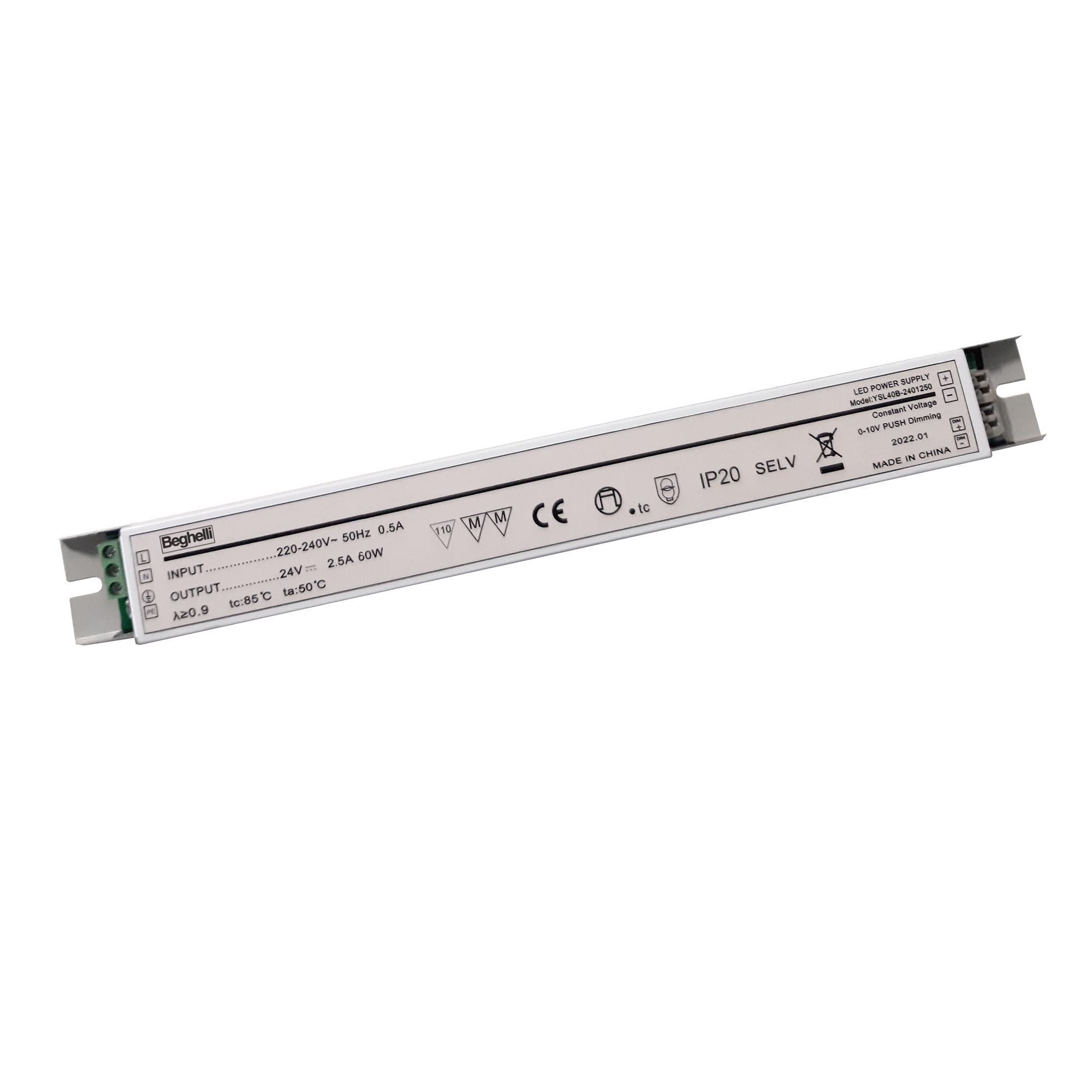 BEGHELLI - Driver Push to Dim 60W IP20 per StripLED 24V, alimentato da rete 220-240V.