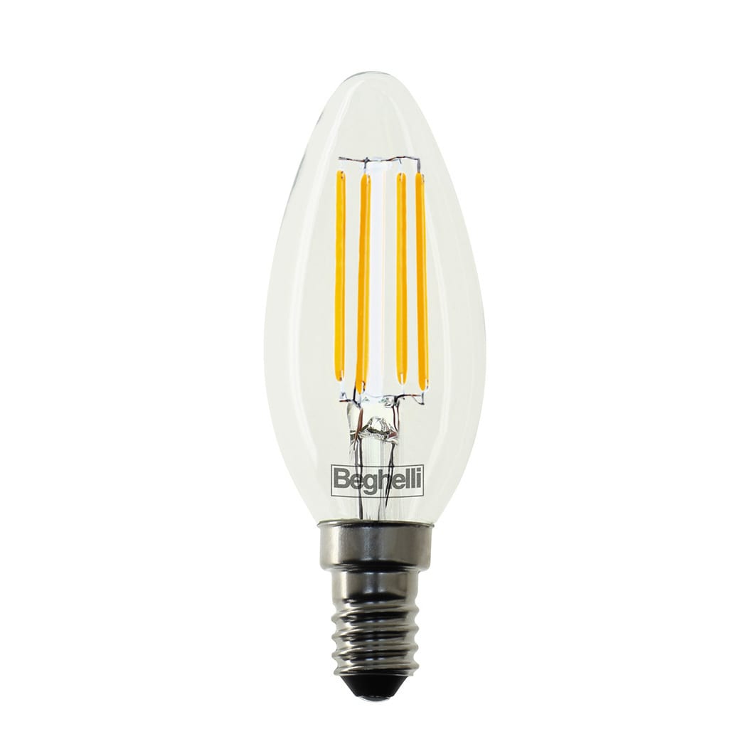 BEGHELLI - Lampadina ZAF NAT95 OLIV 800L 6WE14 4K con corpo in vetro e LED CRI-95 a filamento per resa cromatica simile al sole, comfort visivo elevato.