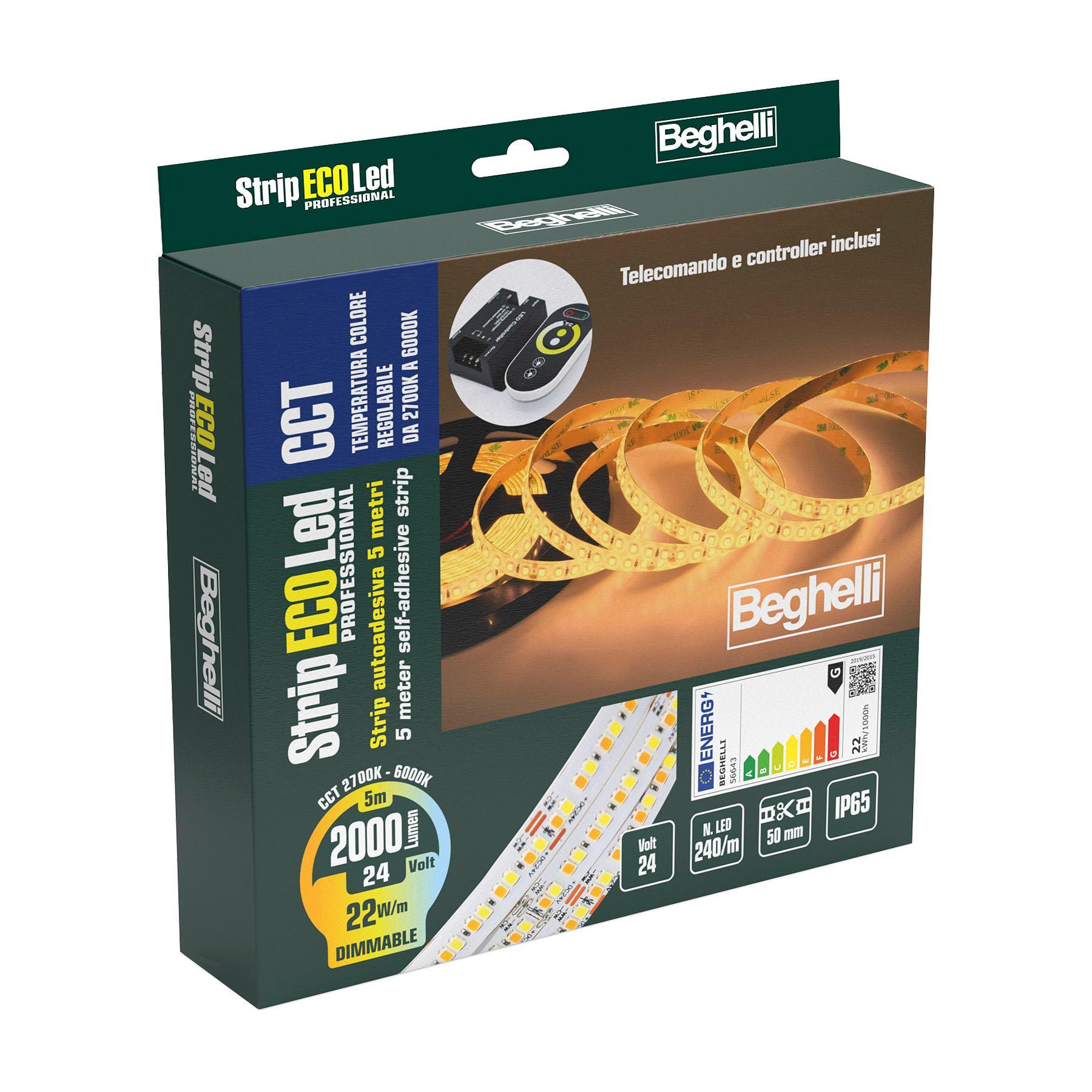 BEGHELLI - Strisce flessibili a LED autoadesive professionali ad altissima densità di LED ed eccellente resa luminosa con tecnologia CCT per tonalità regolabili. Fornite in rotoli da 5 metri già pre-cablati. STRIPLED CCT 24V 22W 2klm IP65.