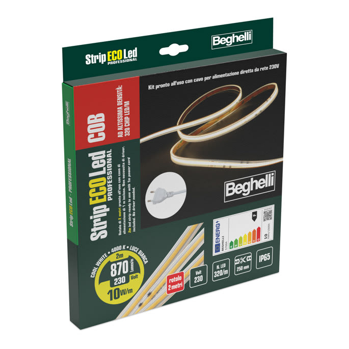 BEGHELLI - Strip LED COB ad alta densità luminosa, alimentate direttamente da rete 230V senza driver. Spessore ridotto, CRI90 per una resa cromatica perfetta. Ideali per illuminazione di alta qualità. STRIP COB AC230 10WIP65 4K 2M.