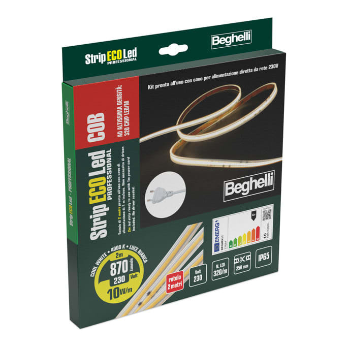 BEGHELLI - Strip LED COB ad alta densità luminosa, alimentate direttamente da rete 230V senza driver. Spessore ridotto, CRI90 per una resa cromatica perfetta. Ideali per illuminazione di alta qualità. STRIP COB AC230 10WIP65 4K 2M.