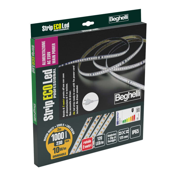 BEGHELLI - Strisce flessibili a LED autoadesive professionali ad alta densità di LED alimentate direttamente da rete 230V che non necessitano di driver. STRIPLED AC230V 10W IP65 3K 2M.