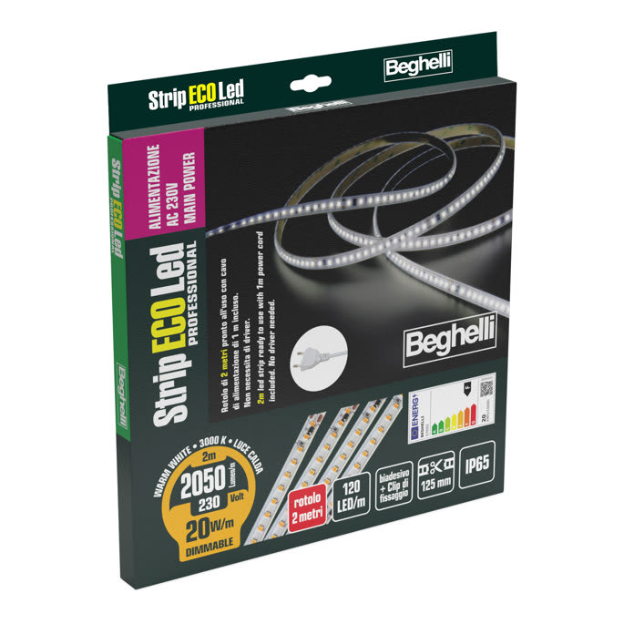 BEGHELLI - Strisce flessibili a LED autoadesive professionali ad alta densità di LED alimentate direttamente da rete 230V che non necessitano di driver. STRIPLED AC230V 20W IP65 3K 2M.
