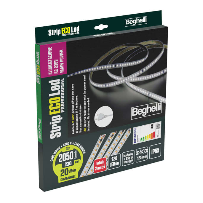 BEGHELLI - Strisce flessibili a LED autoadesive professionali ad alta densità di LED alimentate direttamente da rete 230V che non necessitano di driver. STRIPLED AC230V 20W IP65 4K 2M.
