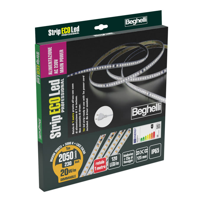 BEGHELLI - Striscia LED professionale ad alta densità, autoadesiva, alimentata direttamente da rete 230V senza driver, IP65, 20W, 3K, 1M.