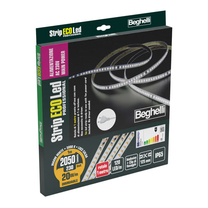 BEGHELLI - Striscia LED professionale ad alta densità, autoadesiva, alimentata direttamente da rete 230V senza driver, IP65, 20W, 3K, 1M.