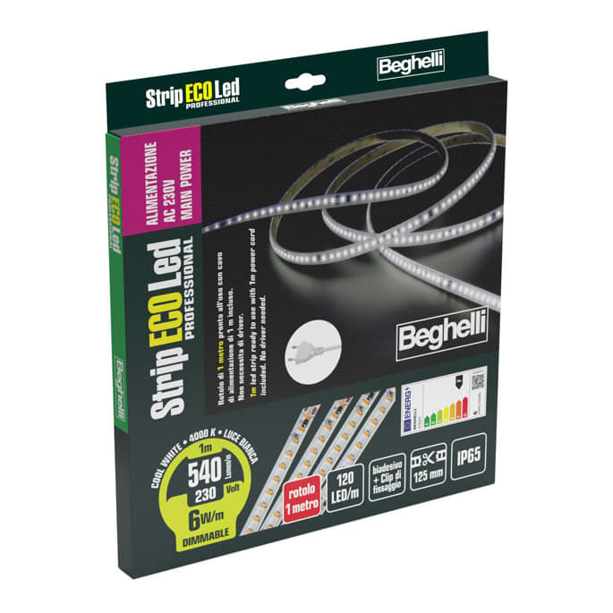 BEGHELLI - Striscia LED professionale ad alta densità, autoadesiva, alimentata direttamente da rete 230V, senza necessità di driver: STRIPLED AC230V 6W IP65 4K 1M.