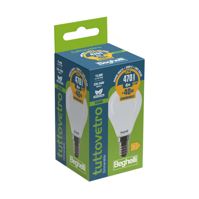 BEGHELLI - Lampadina vetro opalino forma classica LED 4W E14 3000K luminosita' soft.