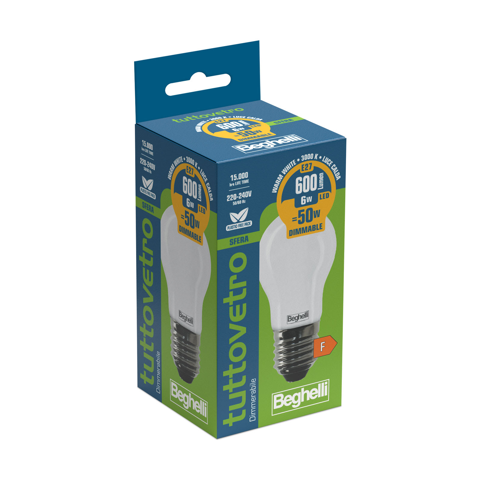 BEGHELLI - Lampadina vetro opalino LED 6W E27 3000K forma classica.