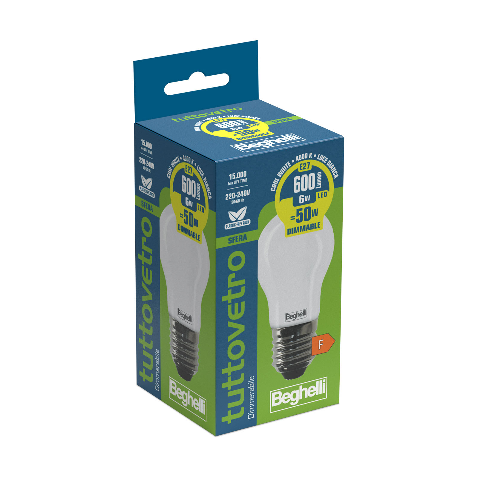 BEGHELLI - Lampadina vetro opalino forma classica LED 6W E27 4K luminosita' efficiente.