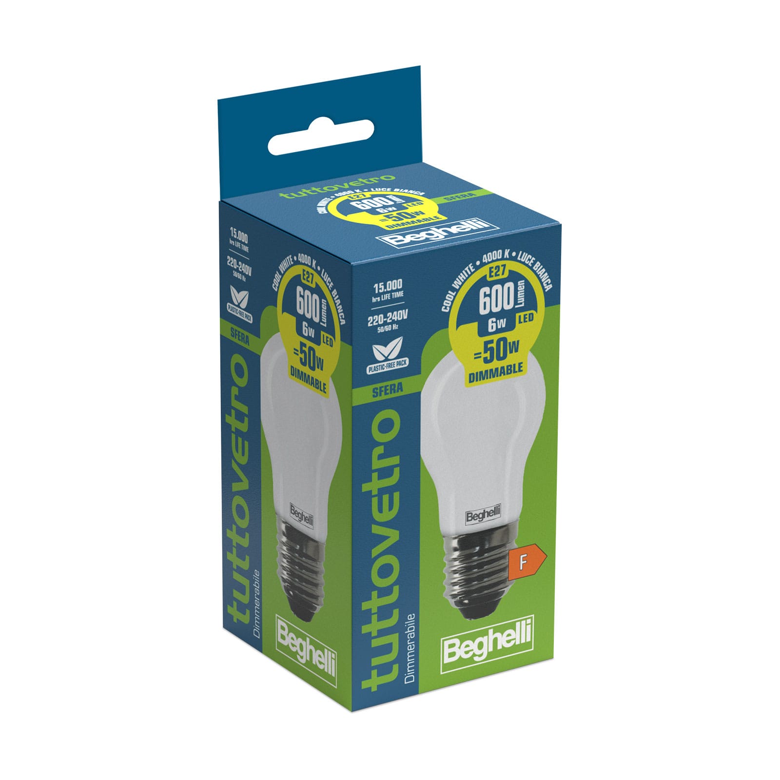 BEGHELLI - Lampadina vetro opalino forma classica LED 6W E27 4K luminosita' efficiente.