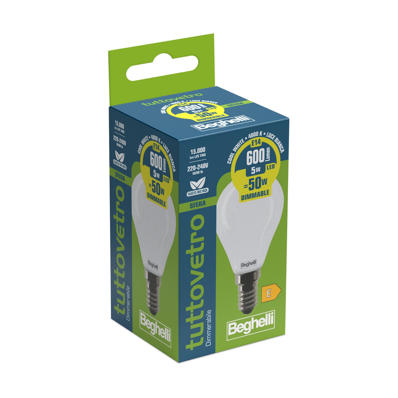 BEGHELLI - Lampadina vetro opalino forma classica LED 5W E14 4K luminosita' superiore.