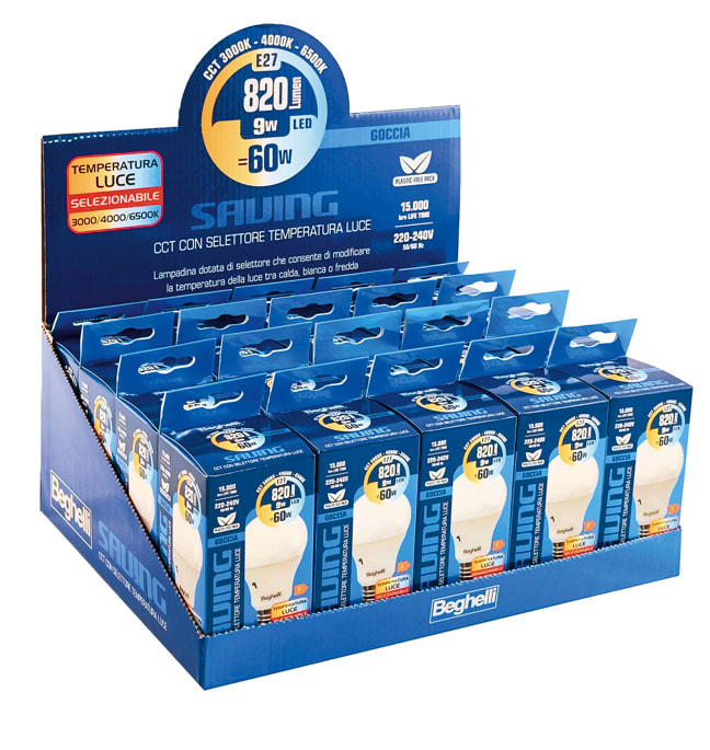 BEGHELLI - Kit da 20 pezzi Goccia CCT 9W 810lm E27 con selettore per temperatura della luce.