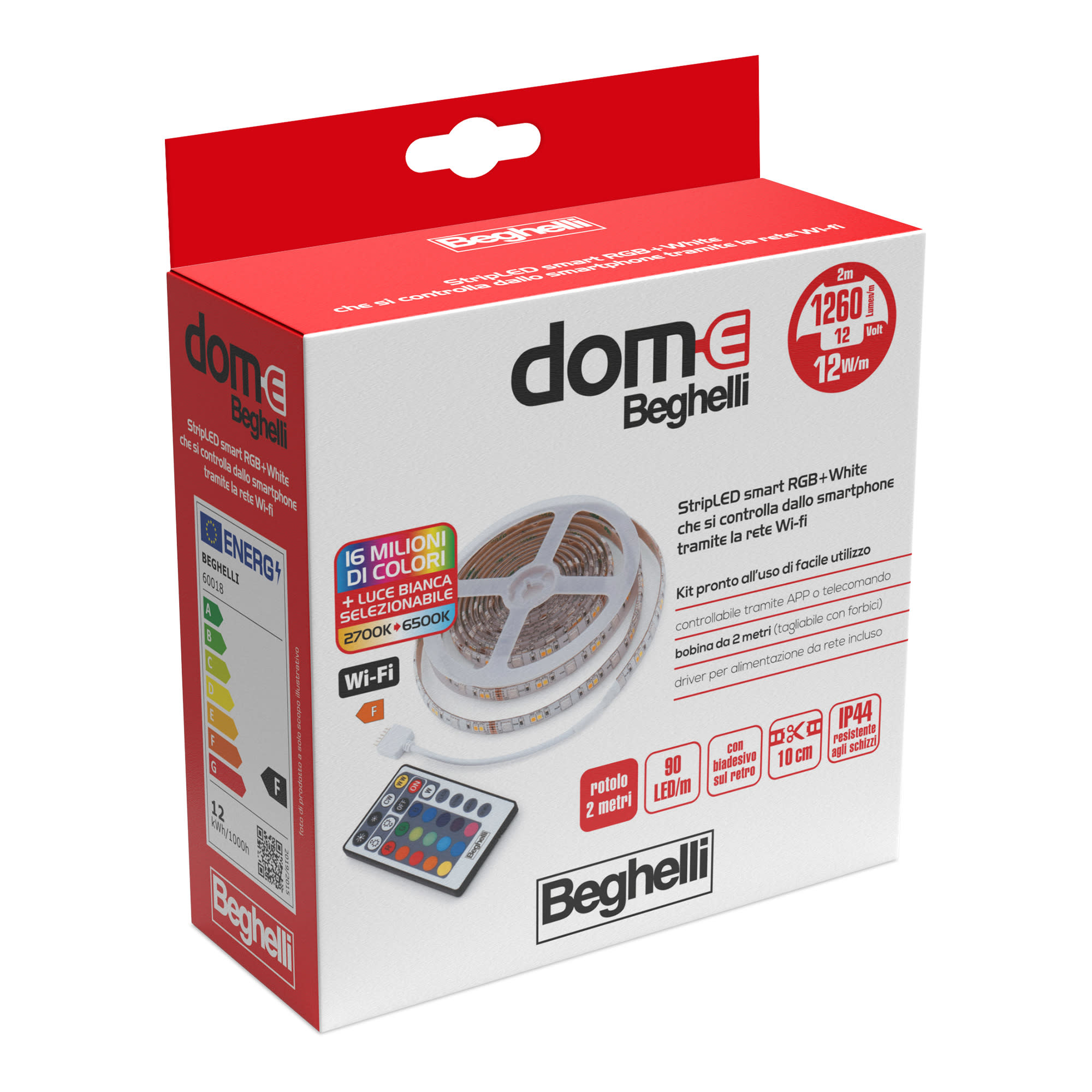 BEGHELLI - Videocamera smart con batterie ricaricabili, pannello solare e controllo Wi-fi. WIFISTRIP RGB+WCCT 12W IP44 2M.