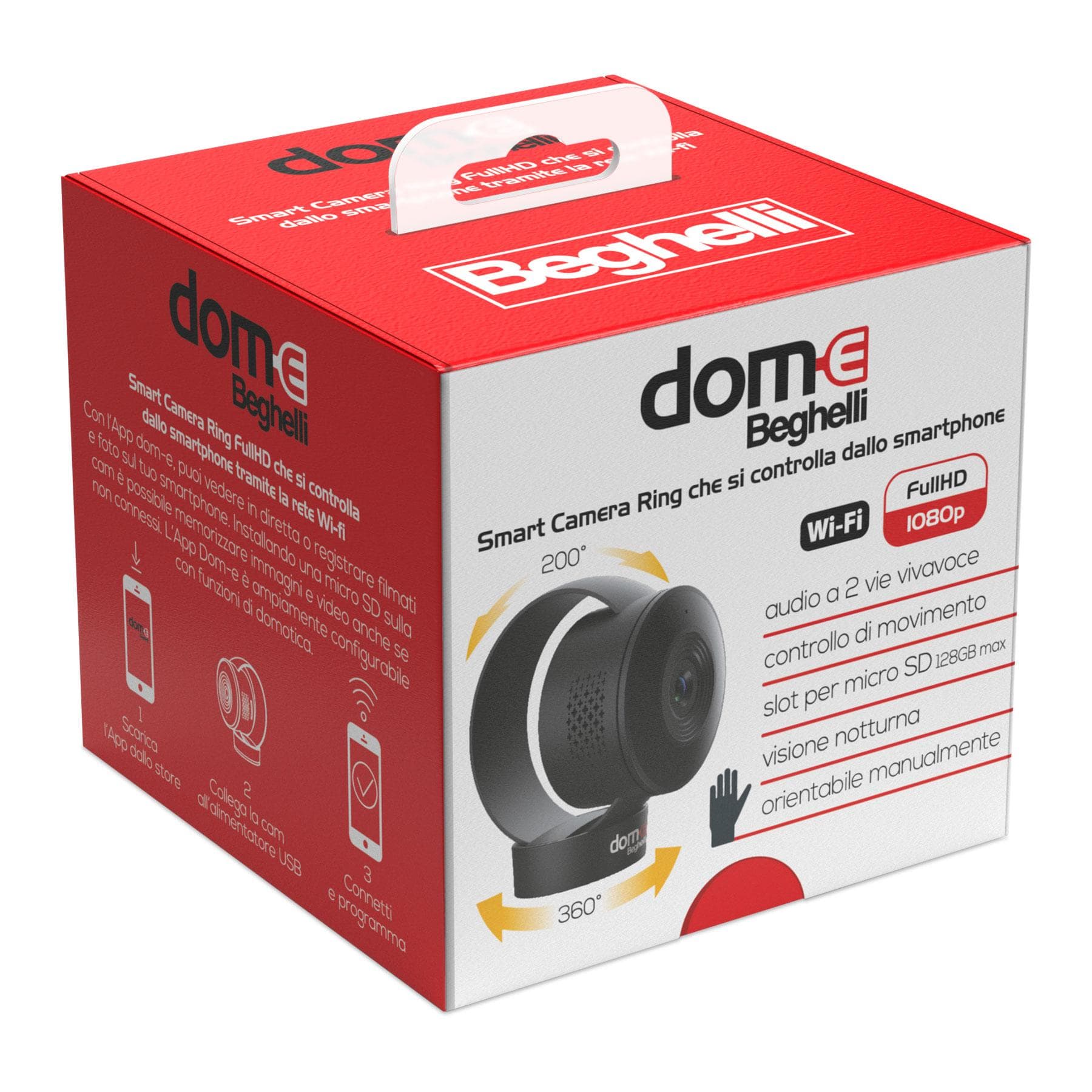 BEGHELLI - Smart Camera Ring FullHD che si connette alla rete Wi-fi e si controlla dallo smartphone tramite l'app Dom-e. SMART CAMERA RING.