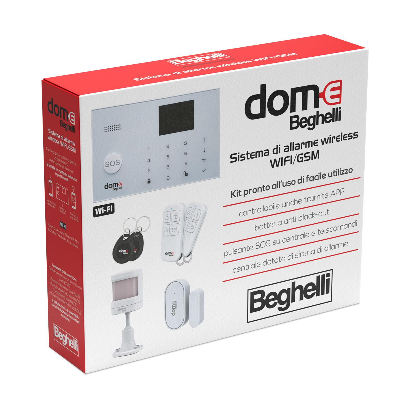 BEGHELLI - Kit allarme Wi-Fi/GSM con centrale, sirena, sensori porte e finestre, sensori volumetrici, 2 telecomandi e 2 chiavi RFID. WIFI/GSM ALARM KIT. 60103