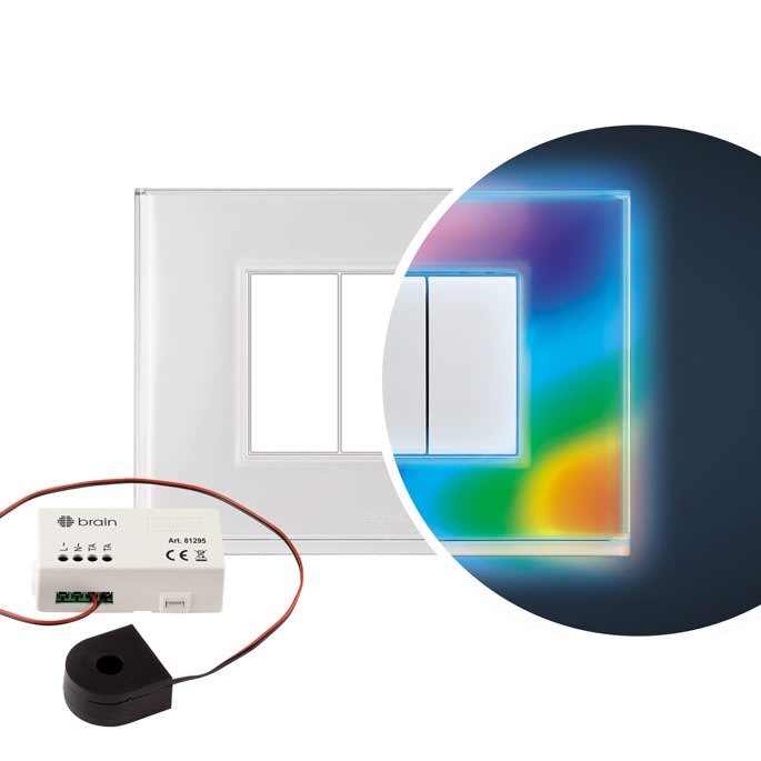 BEGHELLI - Kit misuratore consumi e placca 3 frutti RGB, bianco dinamico, cromoterapia, misurazione temperatura umidità. Kit consumi 3fr bianca dom-e.