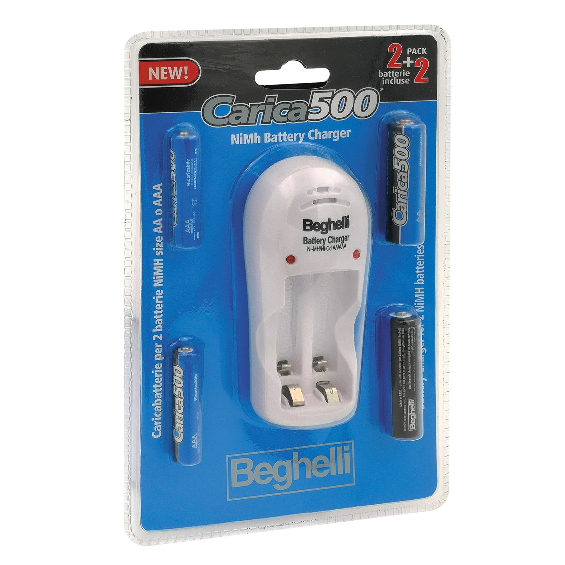 BEGHELLI - Caricatore per batterie AA o AAA. Incluse 2 batterie ricaricabili AA e 2 batterie ricaricabili AAA. Caricabatt carica 500+2AA+2AAA.